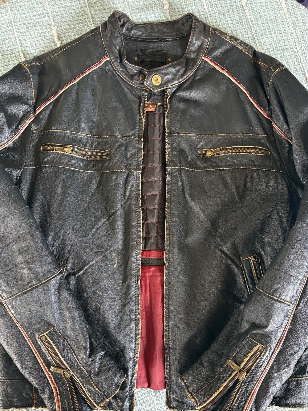 Men's Distressed Wilson’s Black Leather Zip-Front Jacket with Red Trim